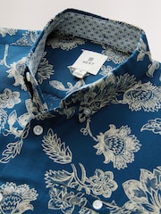 Blue 100% Cotton Textured Floral Print Short Sleeve Shirt - Image 7 of 8