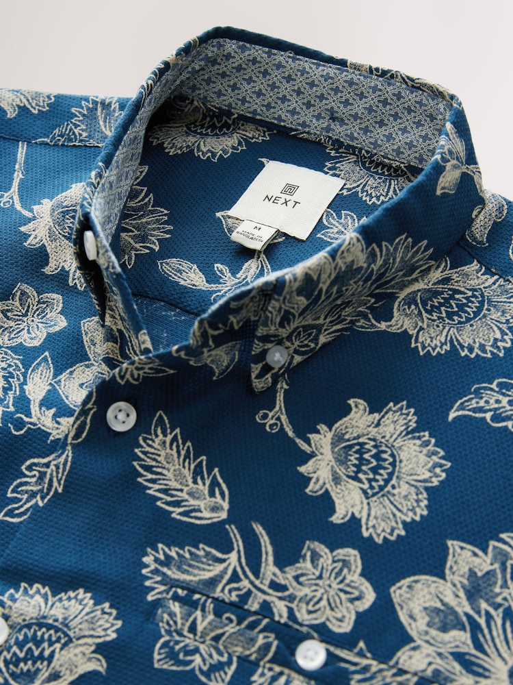 Blue 100% Cotton Textured Floral Print Short Sleeve Shirt - Image 7 of 8