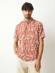 Rust Red 100% Cotton Textured Floral Print Short Sleeve Shirt - Image 1 of 7
