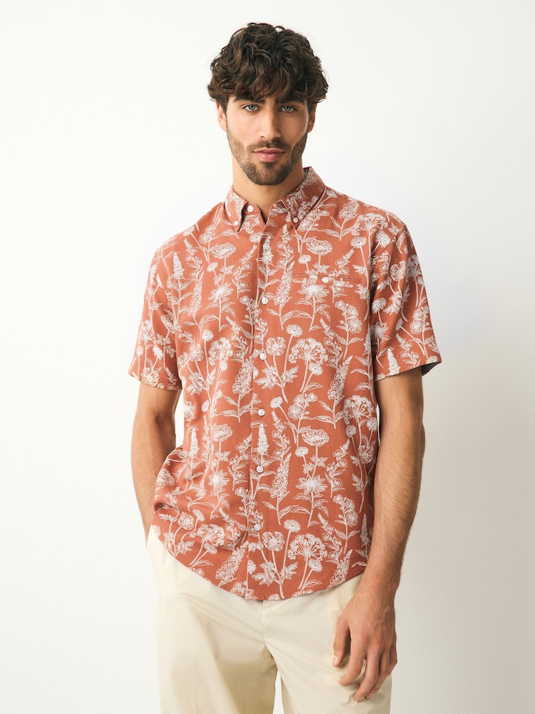 Rust Red 100% Cotton Textured Floral Print Short Sleeve Shirt - Image 1 of 7