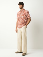 Rust Red 100% Cotton Textured Floral Print Short Sleeve Shirt - Image 2 of 7