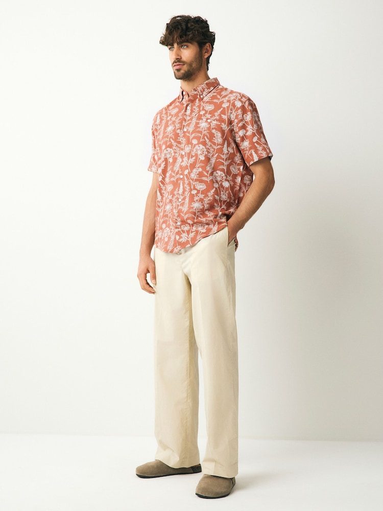 Rust Red 100% Cotton Textured Floral Print Short Sleeve Shirt - Image 2 of 7 Rust Red 100% Cotton Textured Floral Print Short Sleeve Shirt - Image 2 of 7