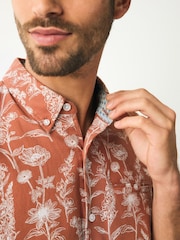 Rust Red 100% Cotton Textured Floral Print Short Sleeve Shirt - Image 4 of 7