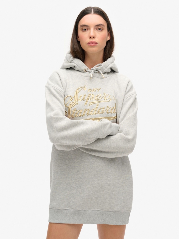 Superdry Grey Luxe Metallic Logo Hooded Dress - Image 1 of 6