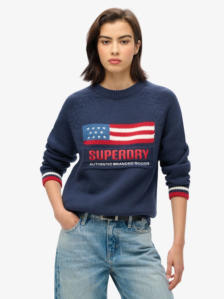 Superdry Blue Americana Crew Knit Jumper - Image 1 of 3