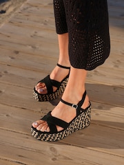 Linzi Black Leonie Cross-Over Front Straps Braided Wedges - Image 1 of 5