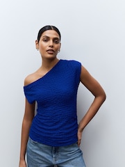 Cobalt Blue Texture Off Shoulder Sleevless Top - Image 1 of 4