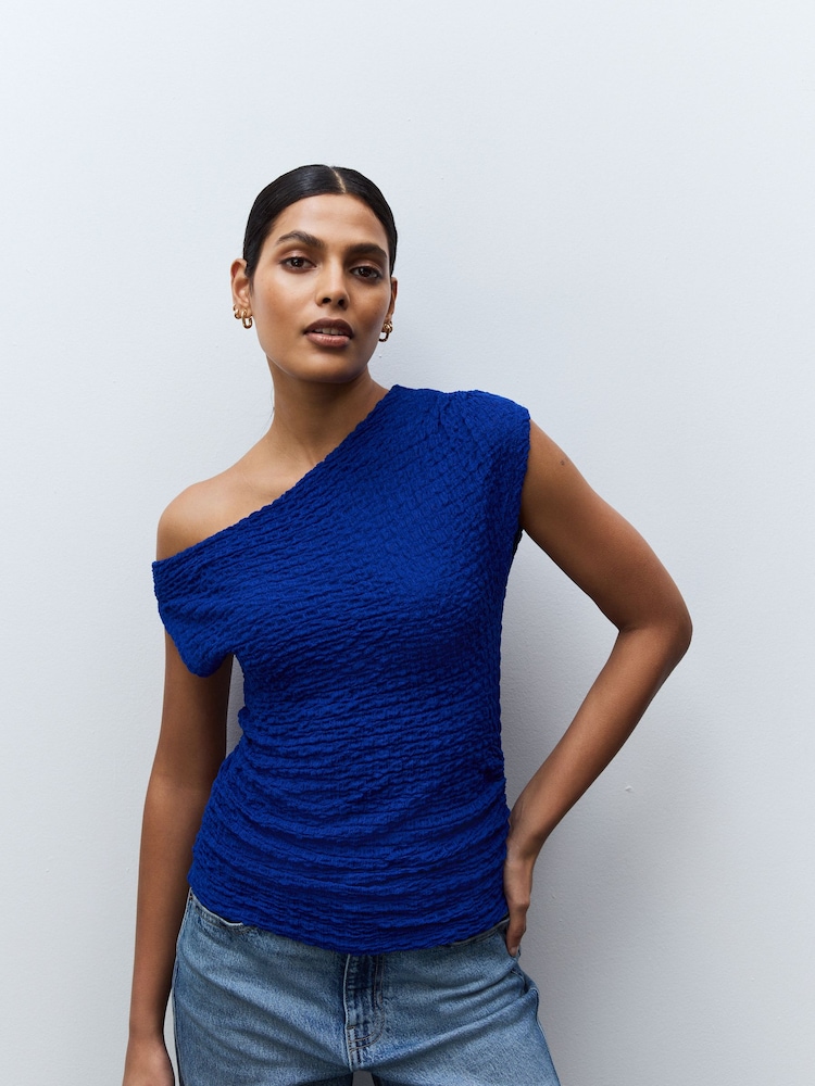 Cobalt Blue Texture Off Shoulder Sleevless Top - Image 1 of 4