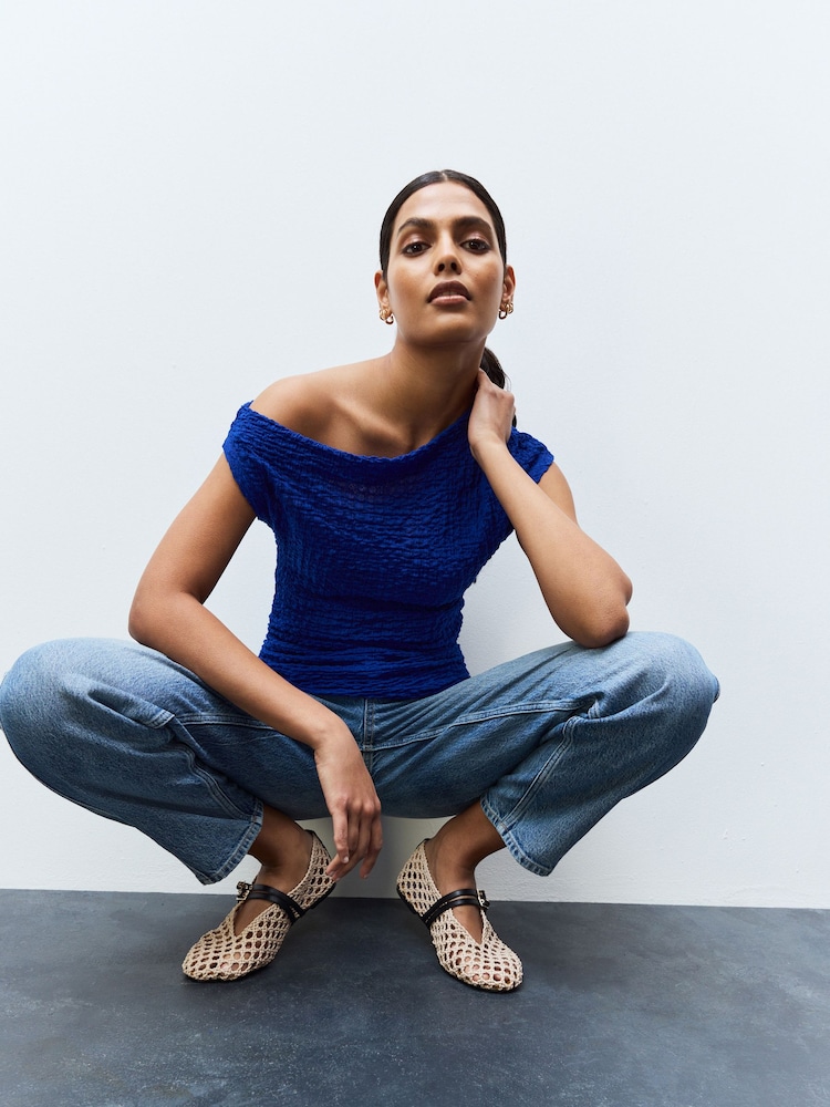 Cobalt Blue Texture Off Shoulder Sleevless Top - Image 2 of 4