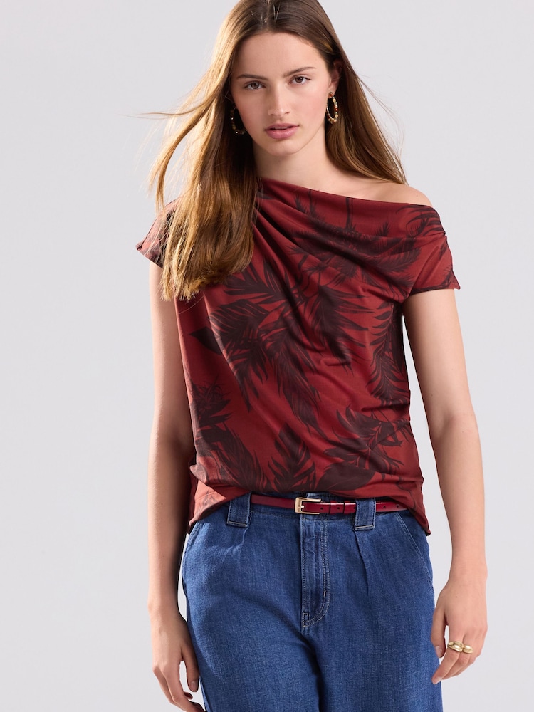 Red/Black Palm Drape Asymmetric One Shoulder Top - Image 1 of 8
