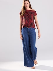 Red/Black Palm Drape Asymmetric One Shoulder Top - Image 2 of 8