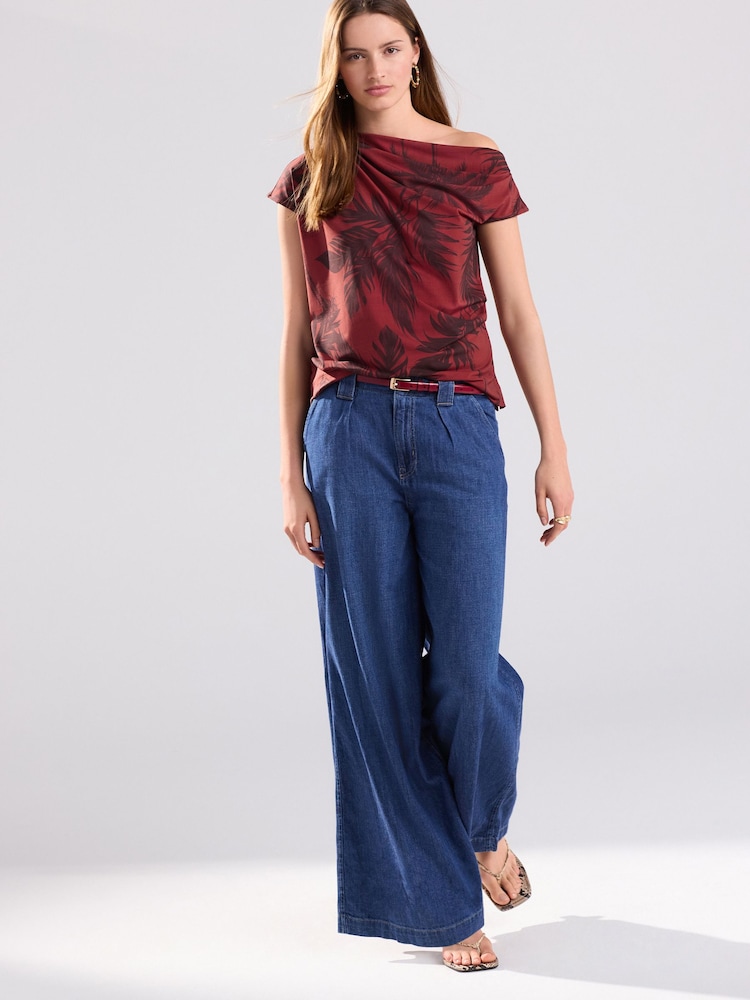Red/Black Palm Drape Asymmetric One Shoulder Top - Image 2 of 8
