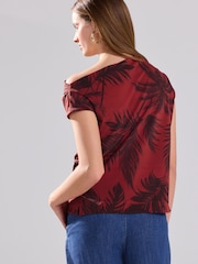 Red/Black Palm Drape Asymmetric One Shoulder Top - Image 3 of 8