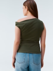 Khaki Green Aysmmetric Shoulder Sleevless Top - Image 3 of 7