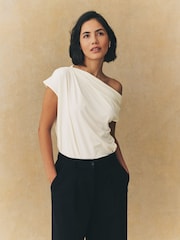 Ecru Drape Asymmetric One Shoulder Top - Image 1 of 9