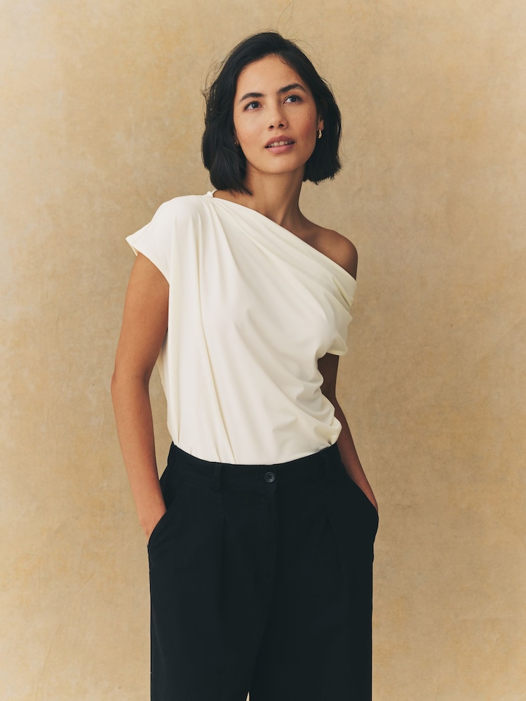 Ecru Drape Asymmetric One Shoulder Top - Image 1 of 9