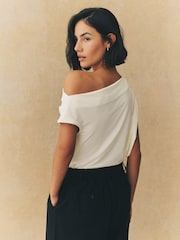Ecru Drape Asymmetric One Shoulder Top - Image 3 of 9
