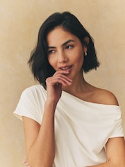 Ecru Drape Asymmetric One Shoulder Top - Image 5 of 9