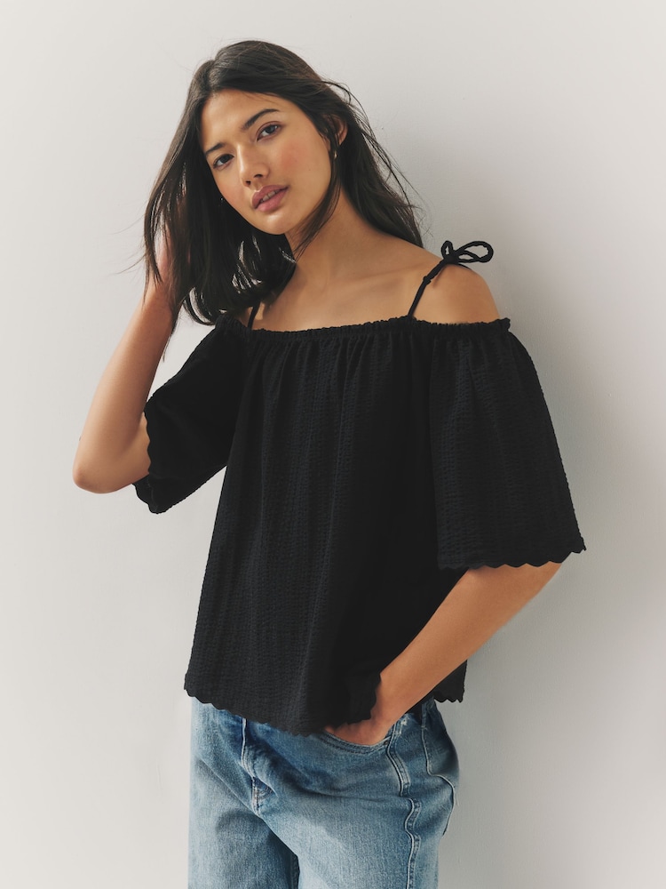 Black Strappy Bardot Short Sleeve 100% Cotton Top - Image 1 of 6