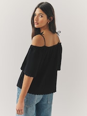 Black Strappy Bardot Short Sleeve 100% Cotton Top - Image 2 of 6