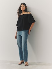 Black Strappy Bardot Short Sleeve 100% Cotton Top - Image 3 of 6