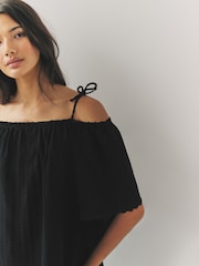 Black Strappy Bardot Short Sleeve 100% Cotton Top - Image 4 of 6