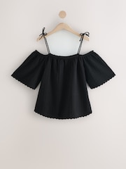 Black Strappy Bardot Short Sleeve 100% Cotton Top - Image 5 of 6