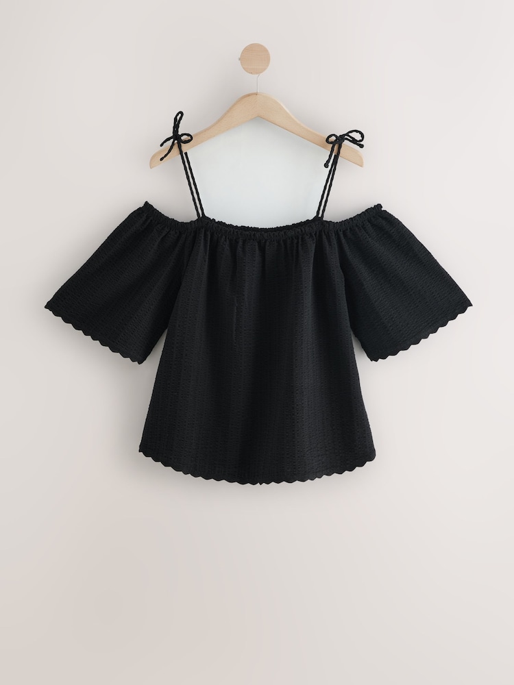 Black Strappy Bardot Short Sleeve 100% Cotton Top - Image 5 of 6