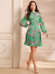 Love & Roses Green Floral Print Pleated Long Sleeve Mini Dress - Image 1 of 5