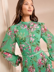 Love & Roses Green Floral Print Pleated Long Sleeve Mini Dress - Image 2 of 5