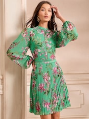 Love & Roses Green Floral Print Pleated Long Sleeve Mini Dress - Image 3 of 5