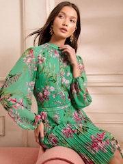 Love & Roses Green Floral Print Pleated Long Sleeve Mini Dress - Image 5 of 5