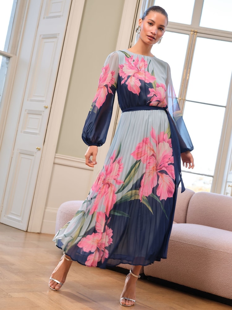 Love & Roses Blue Floral Printed Crew Neck Pleated Long Sleeve Midi Dress - Image 1 of 4 Love & Roses Blue Floral Printed Crew Neck Pleated Long Sleeve Midi Dress - Image 1 of 4