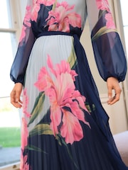 Love & Roses Blue Floral Printed Crew Neck Pleated Long Sleeve Midi Dress - Image 2 of 4