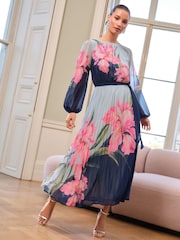 Love & Roses Blue Floral Petite Printed Crew Neck Pleated Long Sleeve Midi Dress - Image 1 of 4