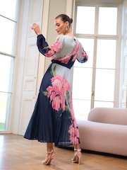 Love & Roses Blue Floral Petite Printed Crew Neck Pleated Long Sleeve Midi Dress - Image 4 of 4