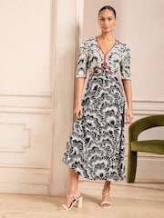 Love & Roses Black/White Printed V-Neck Ruched Short Sleeve Midi Dress - Image 1 of 4