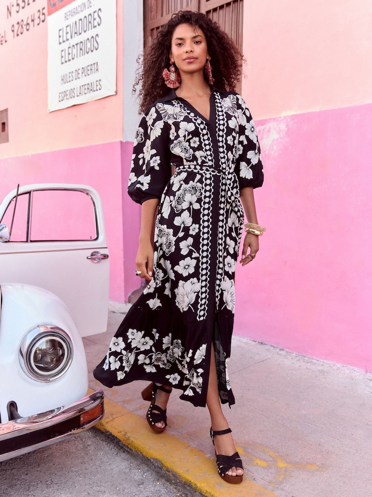 Love & Roses Monochrome Floral V-Neck Short Sleeve Midaxi Shirt Dress - Image 1 of 4