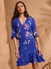 Bleu de cobalt à fleurs - Love & Roses Printed V-Neck Tea Mini Dress - Image 3 de 4