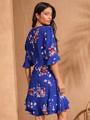 Bleu de cobalt à fleurs - Love & Roses Printed V-Neck Tea Mini Dress - Image 4 de 4