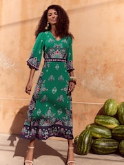 Love & Roses Green Woodblock Petite Printed V-Neck Kimono Sleeve Midi Dress - Image 1 of 4