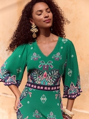 Love & Roses Green Woodblock Petite Printed V-Neck Kimono Sleeve Midi Dress - Image 2 of 4