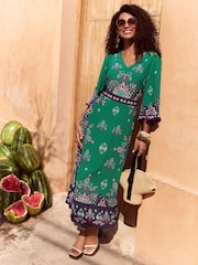 Love & Roses Green Woodblock Petite Printed V-Neck Kimono Sleeve Midi Dress - Image 3 of 4