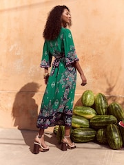 Love & Roses Green Woodblock Petite Printed V-Neck Kimono Sleeve Midi Dress - Image 4 of 4