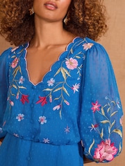 V&A I Love & Roses Cobalt Blue Floral Embroidered Dobby Scallop Neck 3/4 Sleeve Midi Dress - Image 2 of 4
