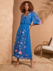 V&A I Love & Roses Cobalt Blue Floral Petite Embroidered Dobby Scallop Neck 3/4 Sleeve Midi Dress - Image 1 of 4