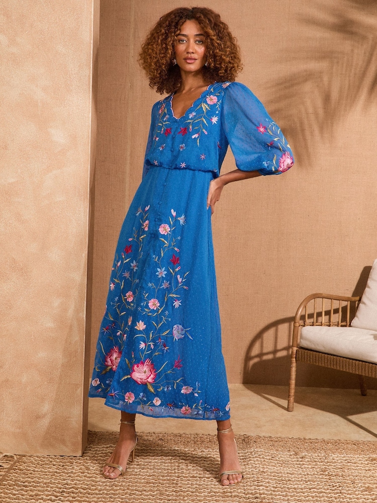 V&A I Love & Roses Cobalt Blue Floral Petite Embroidered Dobby Scallop Neck 3/4 Sleeve Midi Dress - Image 1 of 4