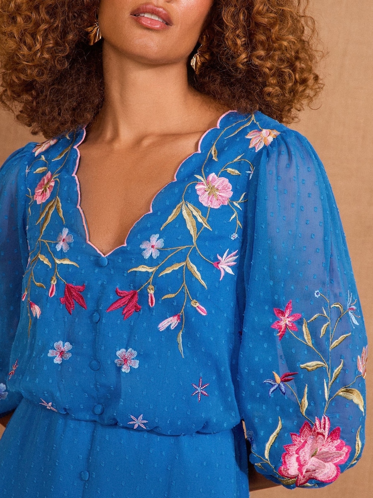 V&A I Love & Roses Cobalt Blue Floral Petite Embroidered Dobby Scallop Neck 3/4 Sleeve Midi Dress - Image 2 of 4