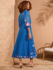 V&A I Love & Roses Cobalt Blue Floral Petite Embroidered Dobby Scallop Neck 3/4 Sleeve Midi Dress - Image 3 of 4