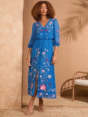 V&A I Love & Roses Cobalt Blue Floral Petite Embroidered Dobby Scallop Neck 3/4 Sleeve Midi Dress - Image 4 of 4